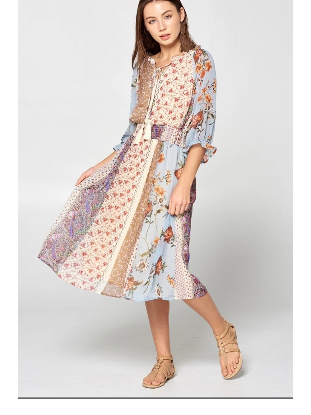 Boho Floral Patchwork Midi Dress in Light Blue
